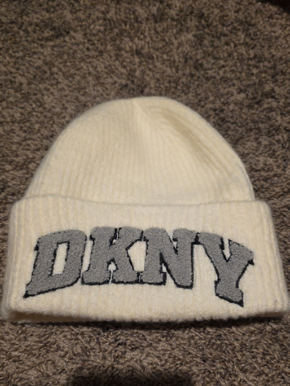 DKNY Cream Beanie with Grey Logo Patch